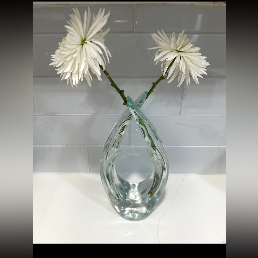 Modern Blown Glass Art Vase Clear And White Heavy 12” Vase